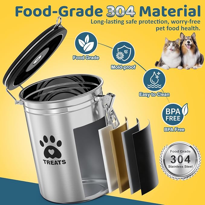ENONCI Dog Treat Container Airtight- 7.2"x4.7" /1.8L Stainless Steel Cat Treat Jar for Kitchen Counter with Scoop, Pet Storage for Fresh Dog Cookie