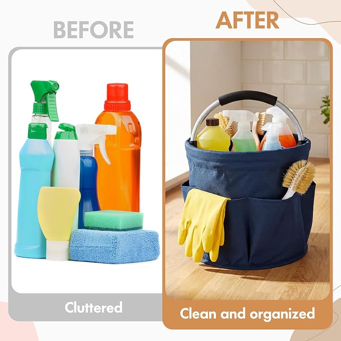 LemonRoad 4 Pack Cleaning Caddy with Handle 17L Foldable Cleaning Supplies Organizer Oxford Cloth Storage Basket with 6 Pockets Portable Multi Bucket Bag for Home Garden(Black,Gray,Navy Blue,Green)