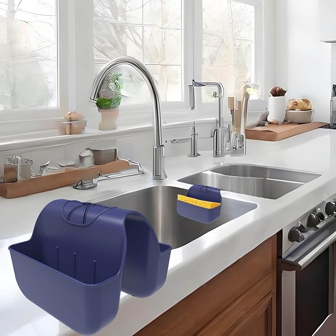 Sponge Holder for Kitchen Sink, Silicone Sink Saddle Caddy Organizer Rack, Sponges Holder Over Faucet, Hanging Kitchen Organizer Accessories Rack Basket Navy Blue