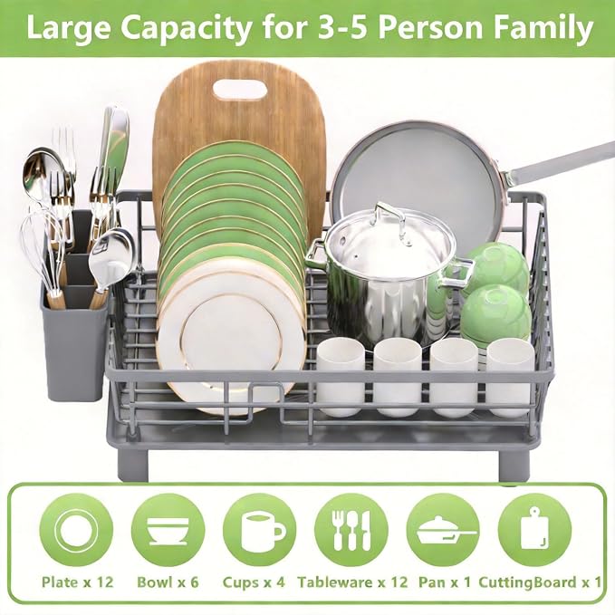 Dish Drying Rack for Kitchen Counter,Stainless Steel Drainers Rack with Detachable Cutlery Holder,Automatic Drainage System,Anti-Rust Dish Strainer Ideal for Families and Home