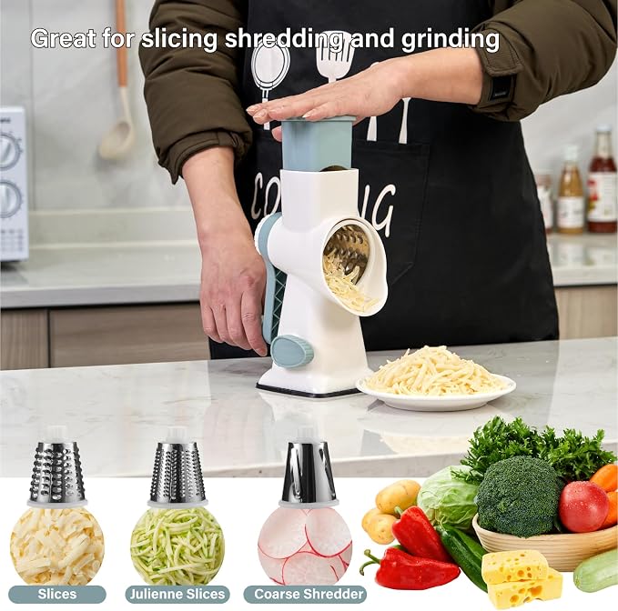 Rotary Cheese Grater hand crank 3 blades with Stronger Suction Base | Stainless Steel Blades for Fruits, Vegetables, Nuts. Dishwasher Safe & Easy to Clean, White