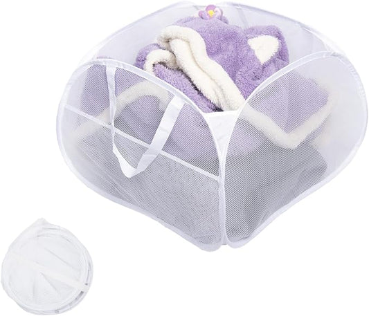 Collapsible Laundry Basket, 90L Mesh Pop-up Hamper with Handles | Foldable Storage Clothes Bag for Laundry, Bathroom, Dorm, Travel, Camping, Space-saving, White