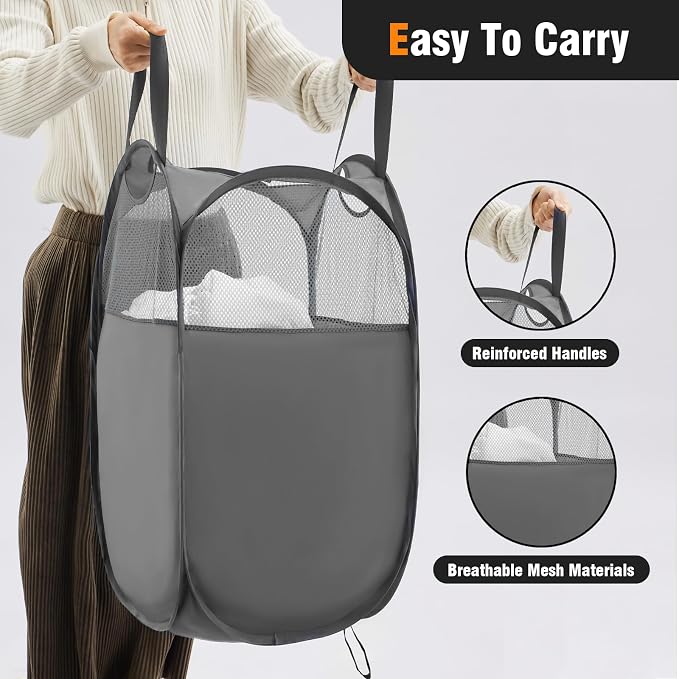 TECHMILLY Pop Up Foldable Laundry Basket, Mesh Laundry Hamper with Reinforced Handles for Dirty Clothes Storage in Dorm, Laundry Room, Bathroom, Grey(Fabric), 3 Pack