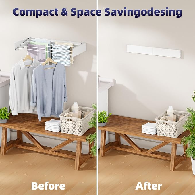 ZMBESUP Wall Mounted Drying Rack 31.5 Inch White, Foldable Retractable Clothes Drying Rack for Laundry Room Organization, Heavy Duty Space Saving Laundry Rack for Apartment Bathroom, 60lb Capacity