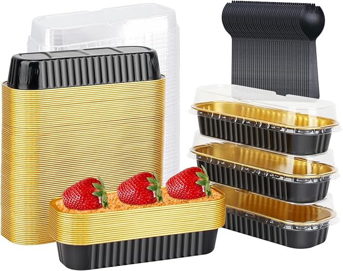 LNYZQUS Mini Cake Pans with Lids 100 Pack,Individual Foil Baking Tins,Disposable Mini Loaf Pans Small Cakes Tin Cupcake Containers for Bakery Bake Sales-Black,6.8oz