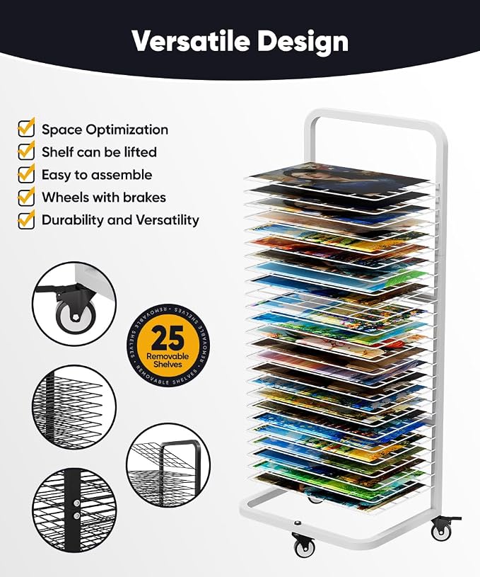 mocomax Art Drying Rack for Painting, Metal Paint Drying Stand, Movable Paint Drying Rack with Lockable Wheels, Art Canvas Storage Rack for Classrooms & Art Studios, 25 Removable Shelves, White