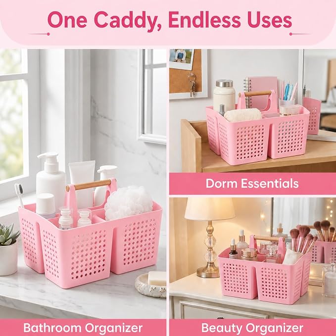 Portable Shower Caddy Basket with Wood Handle, 3-Compartment Bathroom Organizer Tote with Drain Holes, Plastic Shower Basket for Dorm, Toiletries, Cleaning Supplies, Candy Pink