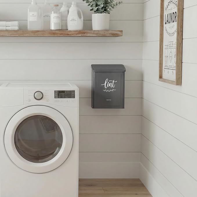 Perfnique Magnetic Lint Bin for Laundry Room with Lint Brush, Wall Mounted Lint Holder Trash can with lid for Dryer, Modern Farmhouse Rustic Metal Laundry Room Storage Organization and Decor(Gray)