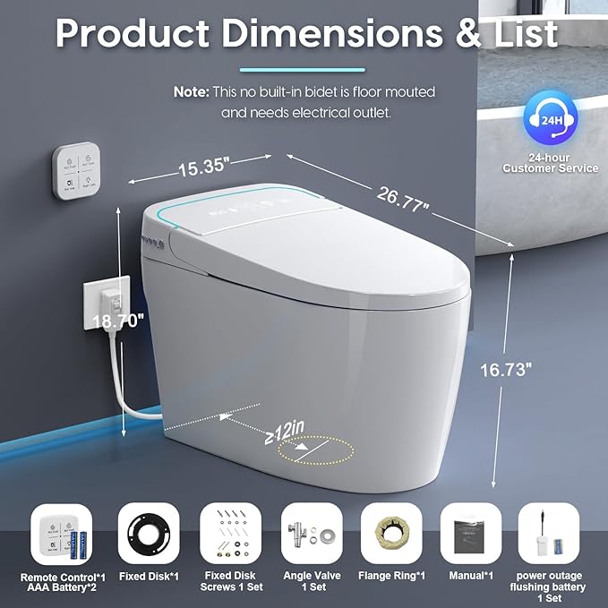 Glendan Smart Toilet Auto Flush: Off Seat Dual Flush One Piece Toilet, Elongated Heated Toilet Seat, Electric Tankless Toilets for Bathrooms, Night Light,Remote,Pre Wet,Soft Close Seat&Lid,ADA Height
