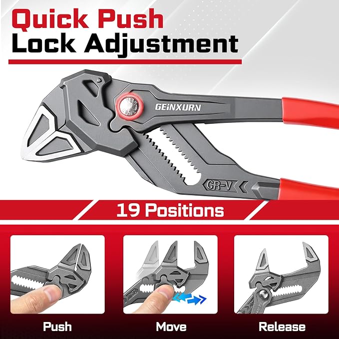7/10/12-Inch Pliers Wrench, 1PC Smooth V-Jaw Pliers with 24-Position Push-Lock, Fast Adjustable Slip Joint Pliers Set for Plumbing, Home Repair, and Pipe Fittings