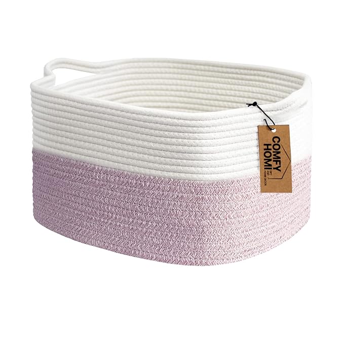 COMFY-HOMI Cotton Rope Woven Medium Basket with Handles for shelf，Cloth Storage Basket for Organizing-13.5X11X9.5 Storage Bin for Bedroom, Newborn or Infant Gift for boy girl （White/Pink）