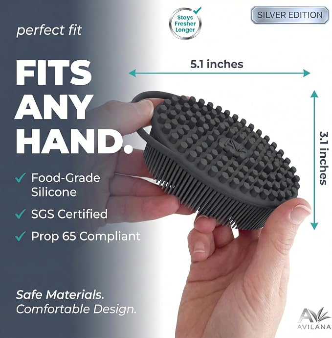 Avilana Silicone Body Scrubber for Shower – SGS Certified Food Grade Dual Sided Bath Brush, Gentle Exfoliating Silicone Loofah Alternative, Sensitive Skin Body Brush (Blue-Silver, Massage)