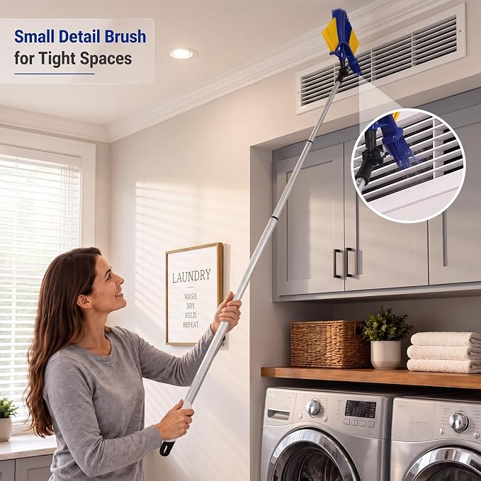 Cobweb Duster with 6ft Extension Pole and Adjustable Angle Brush | telescopic cobweb duster, with adjustable angle head, small detail brush for ceilings, corners, fans and outdoor areas