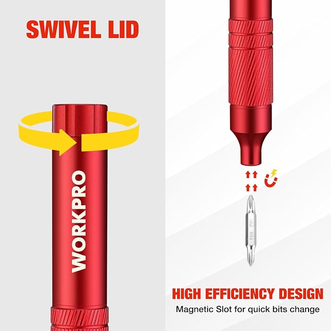 WORKPRO 24 in 1 Multi Bit Mini Screwdriver Set Magnetic, Red | Manual Pen Screwdrivers, Tough S2 Steel Small Screwdriver Bits for Eyeglass, Watch, Laptop, Phone, Jewelry and Electronic