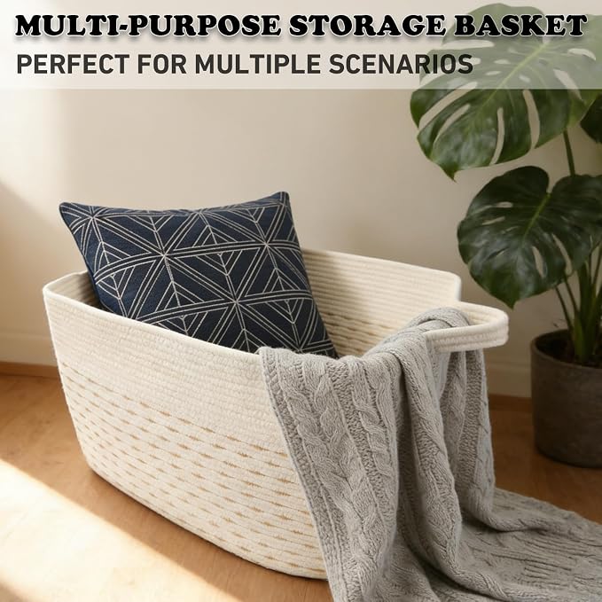 96L Woven Laundry Basket with Handles, Extra Blanket Basket,Yellow | 24"×16"×15" Collapsible Cotton Rope Storage Basket for Toys Clothes & Pillows, Nursery, Bathroom, Bedroom, Living Room