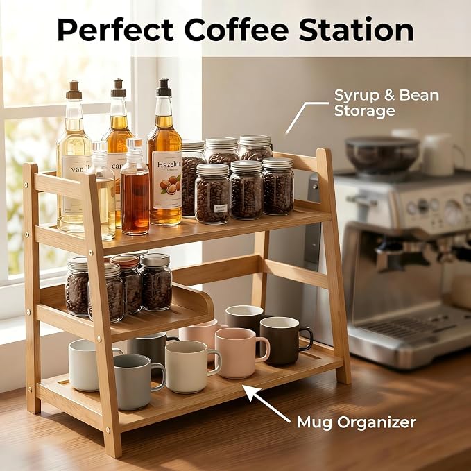 3 Tier Bamboo Matcha Station, coffee station organizer Shelf | for Kitchen Countertop, Tea Bar - Matcha Powder, Tools & Cup Organizer for Matcha Lovers, Home Baristas.