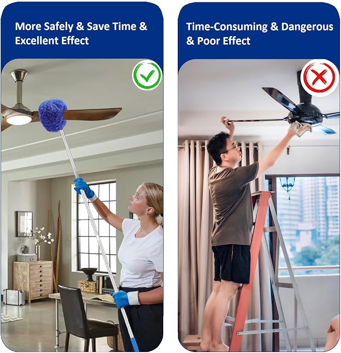 Max 66'' Ceiling Fan Cleaning Duster with Extension Pole Wall Dusting Brush | Microfiber Ceiling Fan Blade Cleaning Brush, Removable Dusting Brush, Cleaning Walls, Bookshelves, Doors, Windows