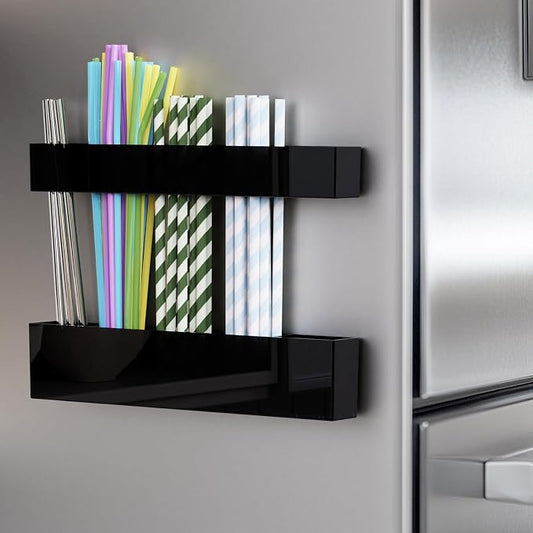 Magnetic Acrylic Straw Holder for Fridge - 5 Slot Sturdy Kitchen Organizer, Adhesive-Free Refrigerator Storage for Metal, Glass, Silicone Straws & Utensils (Separate unit Black-Magnetic Type-5C)