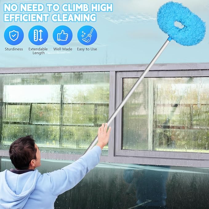 Eunice 13-50 Inches Ceiling Fan Duster with Extension Pole | Extendable Microfiber Cleaning Brush for High Ceiling, Blades, Cobwebs, Adjustable Dusting Tool for Window,Door(2Pcs Blue)