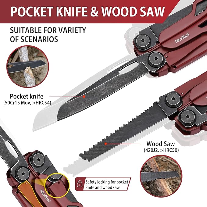 NexTool Flagship Pro Multitool Pliers with Full-size Scissors (Red) | 16-in-1 Multi-tool, Safety Locking, Replaceable YG8 wire cutters, Tool for Camping, Survival, Fishing, Repair, Gifts for Men