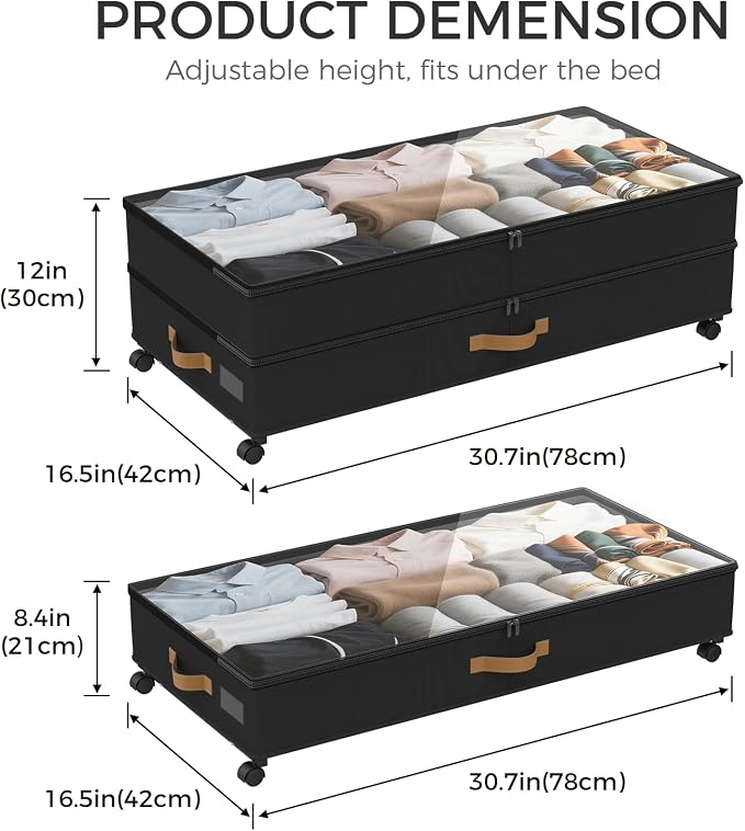 75L 2 Pack Adjustable Under Bed Storage with Wheels | Underbed containers with clear lids, rolling under bed shoe storage organizer for dorm home clothes, blankets, shoes, black