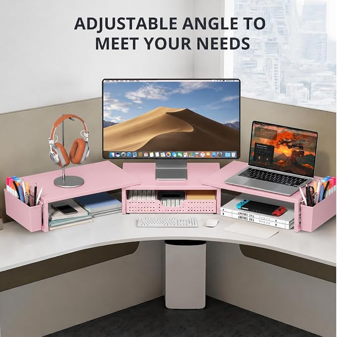 OPNICE Desk Organizers and Accessories, Dual Monitor Stand Riser with Drawer and 2 Pen Holders, Desk Shelf Computer Racks for Office Workspace Organizers, Desktop Organization (Peach-pink)