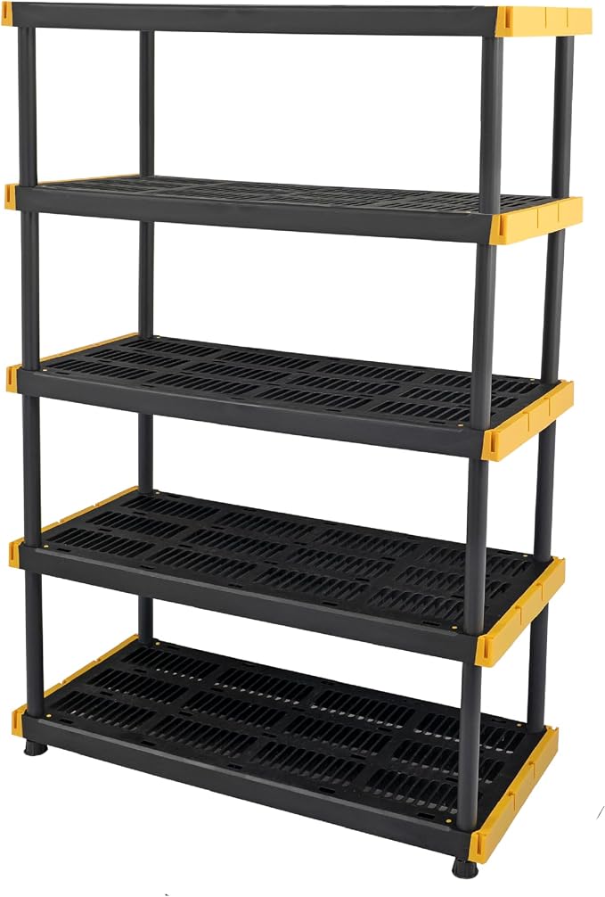 CX 5-Tier Heavy Duty Plastic Storage Shelves for Garage Organization | Freestanding garage utility rack with easy assembly, 5 shelves at 200lbs/Shelf, 72H x 48W x 20D, Black & Yellow, Made in USA