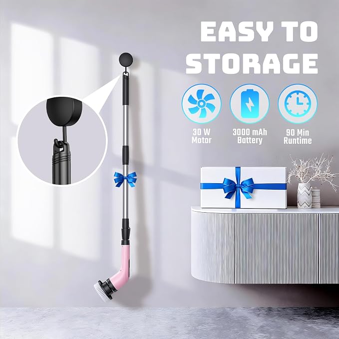 Electric Spin Scrubber, 2-Speed Cleaning Brush, Extendable Handle (Pink) | Includes 7 reusable brush heads and an IPX7-rated design for cleaning bathrooms, showers, kitchens, tile, floors, and grout