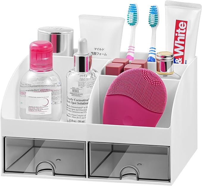 VITVITI Toothbrush Holders for Bathrooms Countertop, 5 Slots Toothpaste Bathroom Counter Sink Organizer with Drawers, Plastic Bathroom Organizer for Vanity/Makeup/Office White