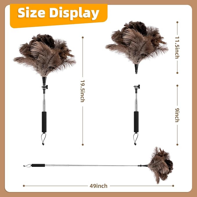 Extendable Ostrich Feather Duster for Cleaning with 49 inch Rotatable Pole | 1 Replacement Head, Natural Fluffy Ostrich Feathers, Reusable Washable Duster, for Ceiling fans, Shelves, Hard to reach Areas