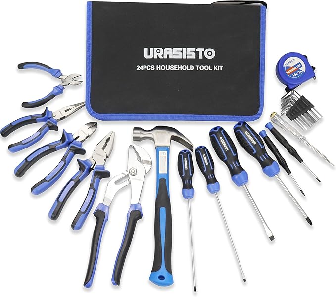 URASISTO 24-Piece Household Tool Kit for Men Repair Hand Tool Set Bag with Hammer, Screwdriver,Pliers, Wrench set with Storage Bag