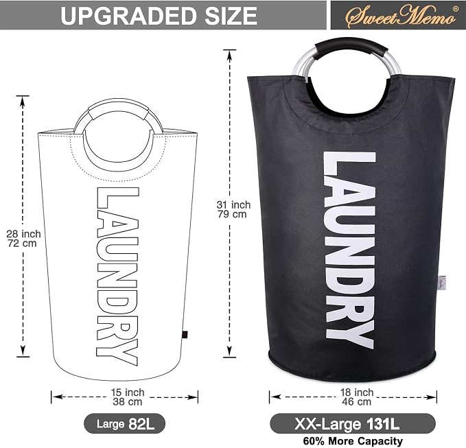 Extra Large Laundry Basket, Big Laundry Hamper Bag with Handles, 130L Black | Freestanding Tall Dirty Clothes Hamper, Collapsible and Portable Laundry Bin for Dorms and Bedrooms, Thick, Sturdy Fabric