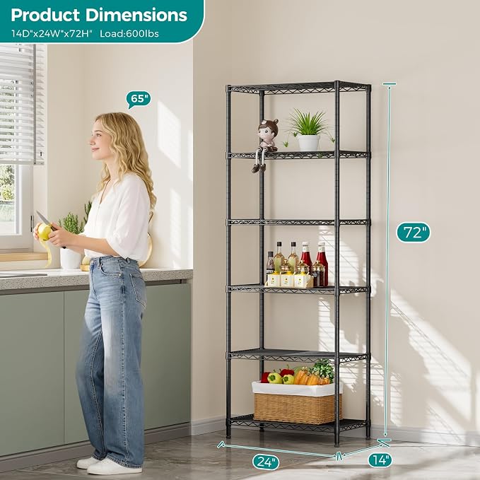 SINGAYE 6 Metal Shelves Wire Shelving Storage Shelf Adjustable Unit Pantry | 6 Tier Kitchen Laundry Room Organization Home Pantry Closet Bathroom Organizers Garage Rack 14" D x 24" W x 72" H Black