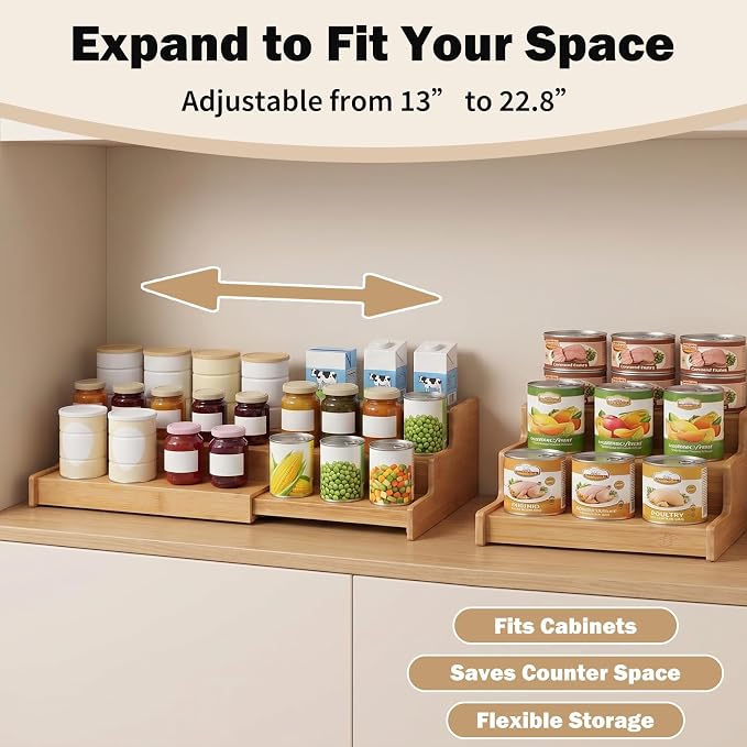 3-Tier Expandable Bamboo Can Rack Organizer for Kitchen Pantry,Expands in Width 13 to 22.8 Inches,for Cans,Spice Jars & Snacks,22 lb Easy-View Cabinet Countertop Shelf