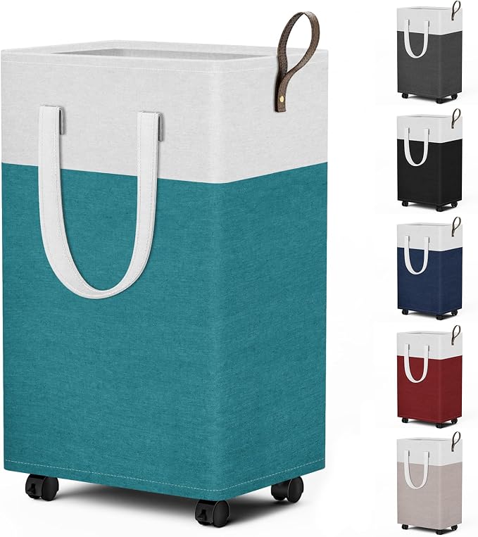 HomeHacks 75L Rolling Laundry Basket with 4 Wheels Collapsible Green | 4 Wheels, Waterproof PEVA Lining, Cotton Flax Fabric, Metal Frame, Bathroom Laundry Room Dorm Storage, Space-Saving Design