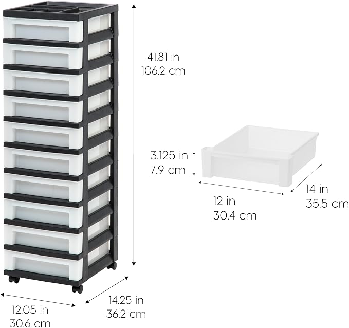 IRIS USA 10-Drawer Rolling Storage Cart, Black/Pearl | Keep craft supplies, office essentials, classroom items, and accessories organized with easy-access drawers for daily use