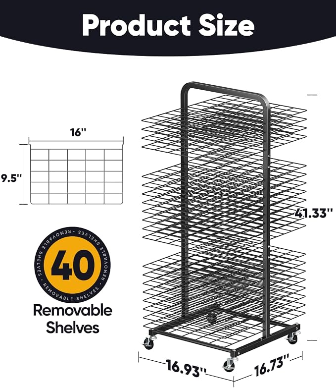 mocomax Art Drying Rack for Painting, Metal Paint Drying Stand, Movable Paint Drying Rack with Lockable Wheels, Art Canvas Storage Rack for Classrooms & Art Studios, 40 Removable Shelves, Black