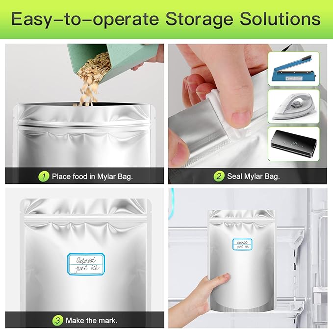 SYMYNELEC 100-Pack Mylar Bags with 400cc Oxygen Absorbers for Food Storage | 11.8 Mil Heavy Duty, 3 Sizes (1 Gallon, 1 Quart, 1/2 Pint), Stand-up Zipper, Resealable, Heat Sealable, Airtight, Smell Proof