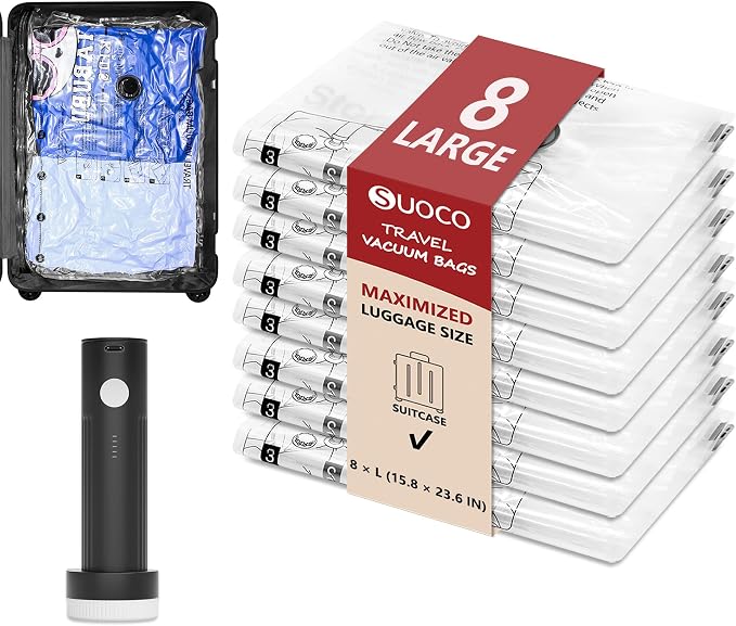 Travel Vacuum Bags for Clothing with Rechargeable Electric Pump, Compression Packing Cubes Organizer Storage for Luggage Suitcase, Space Saver Seal Bags for Vacation Cruise, 8 Large