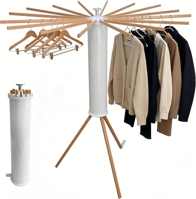 Clothes Drying Rack Foldable, Rotary Tripod Laundry Drying Rack,16 Wooden Poles,Rotatable Portable Floor Standing Clothes Airer,Laundry Drying Rack Floor Standing