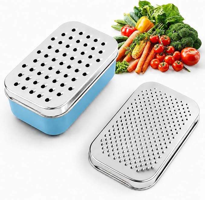Cheese Grater with Storage Container, Box Grater Stainless Steel for Vegetables, Cheese Shredder 2 Sharp Blades for Fine & Coarse, Non-Slip Base, Lemon Zester, Includes Cleaning Brush (Blue)