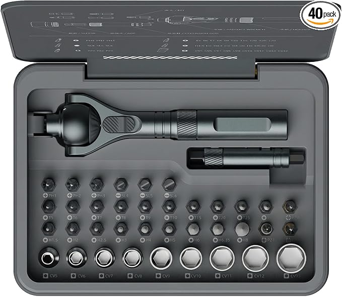 40 in 1 magnetic ratchet screwdriver set with Detachable Handle, 180° Ratchet Head, 45-Tooth Mechanism, Magnetic Tool Kit with Case for Computer, Electronics Repair, Ideal for Home, DIY