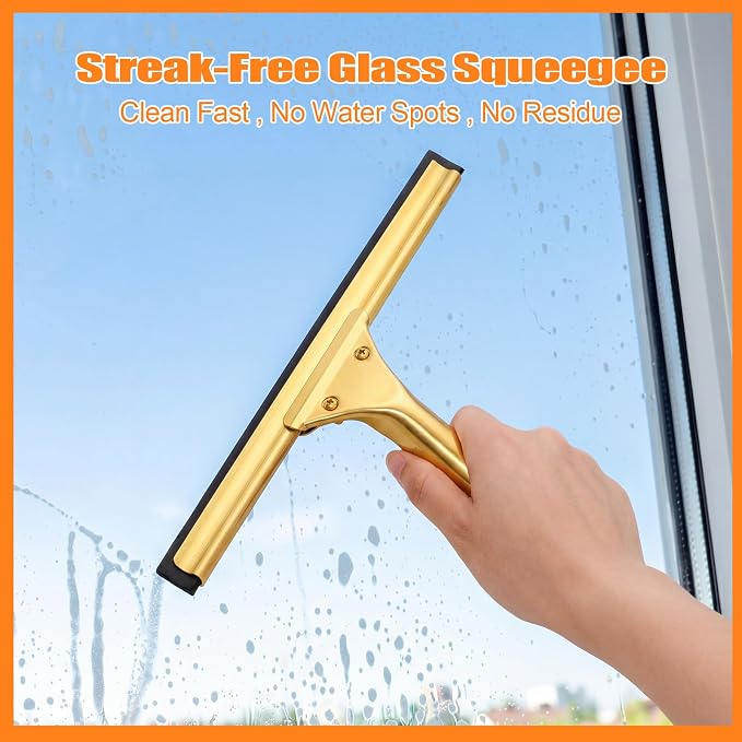 All-Purpose Brass Shower Squeegee 14 Inch T Shape Squeegee for Shower Glass for Bathroom Doors Mirrors Tiles Car Windows Streak Free Compatible with Extension Rods