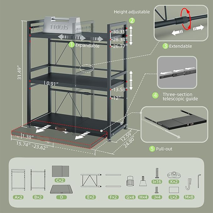 NETEL 3 Tier Expandable Microwave Stand countertop,Microwave Oven Rack | Pull-Out Microwave Shelf, storage shelves for pans &appliances,Adjustable partition height，55 Lbs load Per Tier,Black