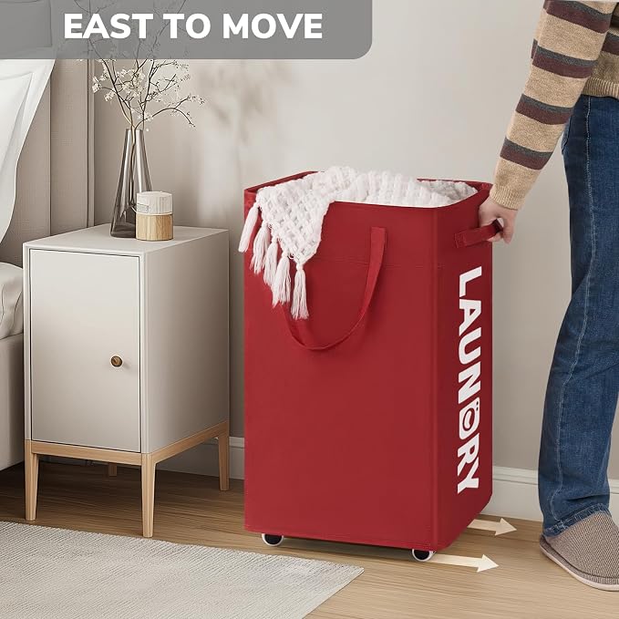 Goodpick 75L Collapsible Laundry Baskets with Removable Wash Bag and Wheels | Laundry Basket with Wheels, Rolling Laundry Hamper with Handle for College Dorm, Laundry Hamper on Wheels, Red