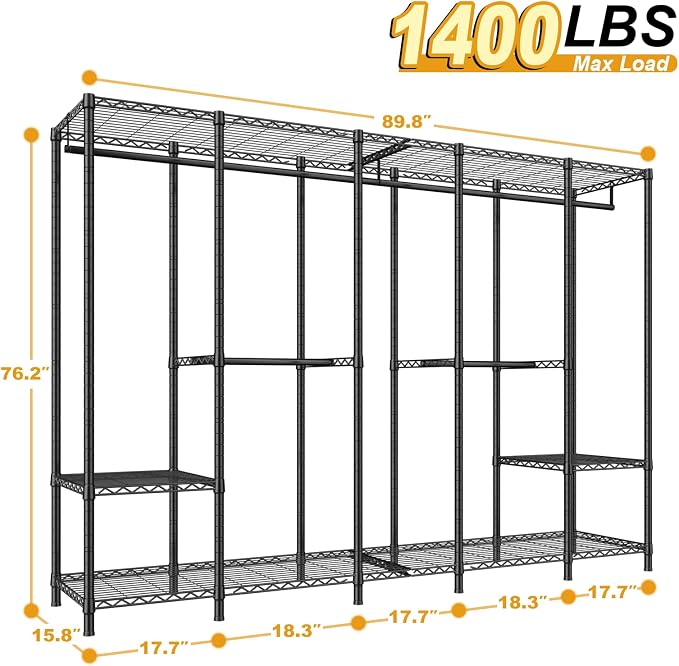 ULIFHOME Clothes Rack, Heavy Duty Garment Rack, Extra Large Portable Closet | H50 Clothing Racks for Hanging Clothes, Freestanding Wardrobe Closet 89.8'' W x 15.8" D x 76.2" H, Max Load 1400 Lbs, Black
