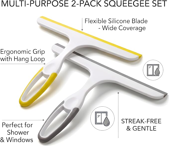 2 Pack Shower Squeegee for Glass Doors – 9.5” Silicone Blade Window Cleaner Tool (Grey & Yellow) – Bathroom, Car Windshield, Mirror & Tile Cleaning Wiper with Hook – Lightweight Ergonomic Handle