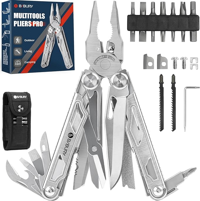 BIBURY 31-in-1 Multitool Pliers Pro,EDC Pocket Knife & Scissors-BI2045 | Stainless Steel Multi Tool with Screwdriver, Replaceable Wire Cutters, Saw, Ideal for Survival,Camping,Repair, Gifts for Men