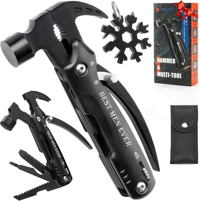 BIBURY Gifts for Men, 12 in 1 Multitool Hammer with 18 in 1 Snowflake Tool | Camping Essentials Survival Gear Tool, Safety Lock, Pocket Knife, Gifts for Men Him Dad, Cool Gadgets for Husband Boyfriend