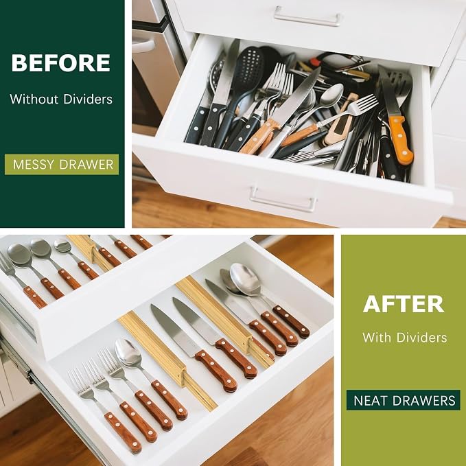 Lzerking Kitchen Drawer Dividers 6 Pack Bamboo Drawer Organizers | 17-22" Adjustable, Spring Loaded, Expandable Utensil Organizer, Works in Kitchen, Dresser, Closet, Bathroom, Bedroom